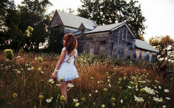 women,trees,nature,old building,flowers