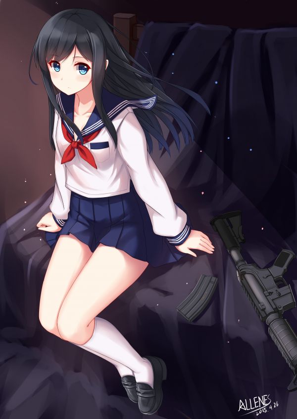 cheveux longs,Anime,Filles anime,pistolet,yeux bleus,jambes