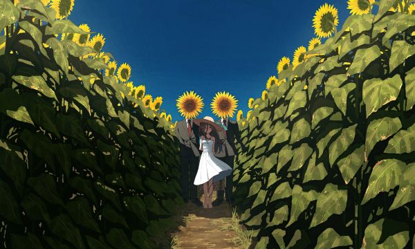 anime girls,clear sky,sunflowers,summer,dress