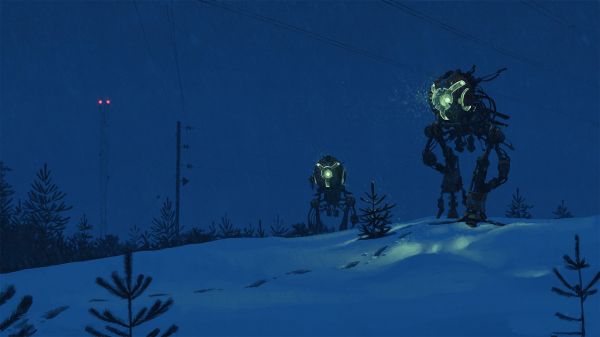 sports, snow, winter, snowboard, fantasy art, Simon St lenhag