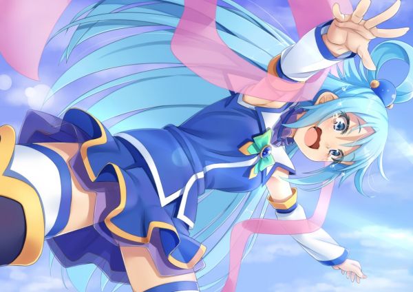 อักขระ Aqua,ผมสีฟ้า,ดวงตาสีฟ้า,เสื้อผ้าสีฟ้า,Kono Subarashii Sekai พรรณี Shukufuku wo,ต้นขาสูง