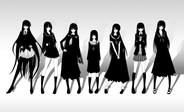 illustratie, anime, animemeisjes, mensen, monochroom, silhouet