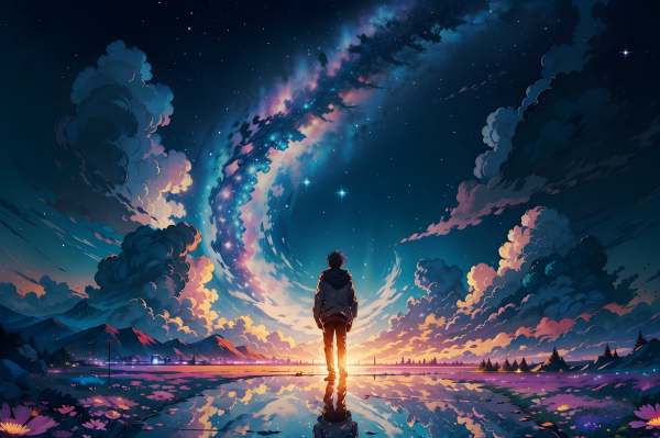 colorful,universe,clouds,mountains,nature,anime boys