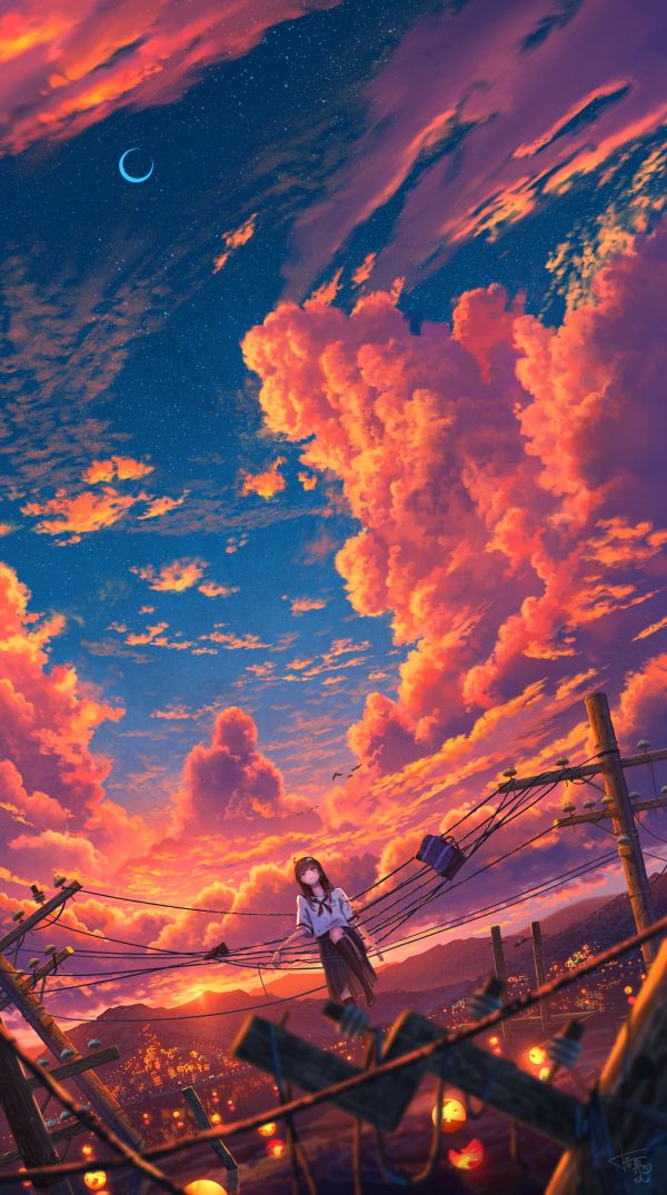 shuu Illust, zonsondergang, sunset glow, wolken, animemeisjes, schoolmeisje