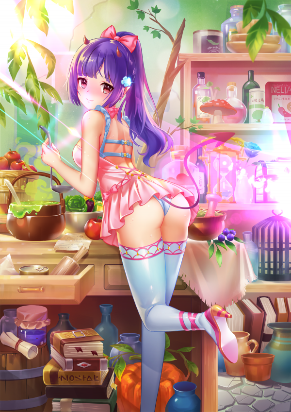 original characters,ass,panties,thigh highs,tail,violet hair