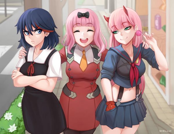 anime jenter,crossover,Darling in the FranXX,Kaguya Sama Love is War,Kill La Kill,digital kunst