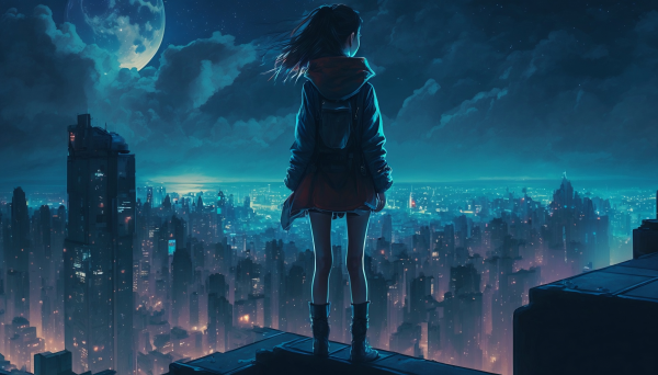 animemeisjes,stad,architectuur,horizon,middernacht,ai art