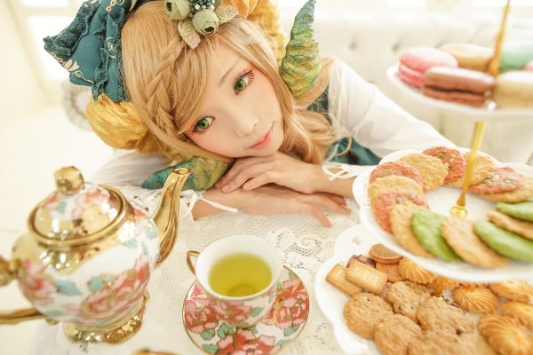 Cosplay,modelo,ojos verdes,Ropa victoriana,rubia,fiesta del té