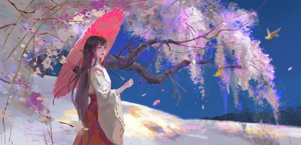 digital art,women,kimono,arrows,flowers,Tea Me