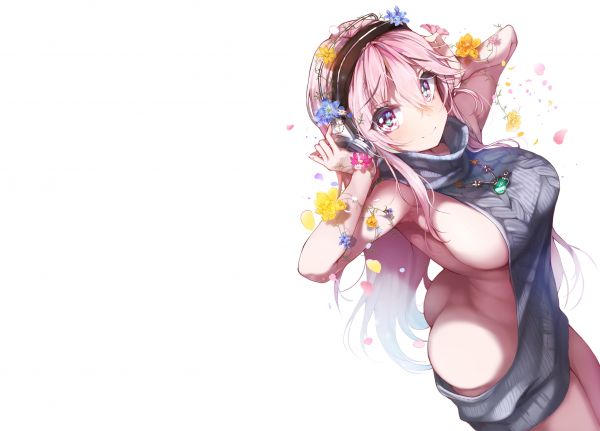 Super Sonico,Sonico,auriculares,Fondo blanco,ojos rosados,cabello rosado