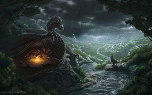 Arte fantasía, dragón, luz de sol, río, lobo, selva