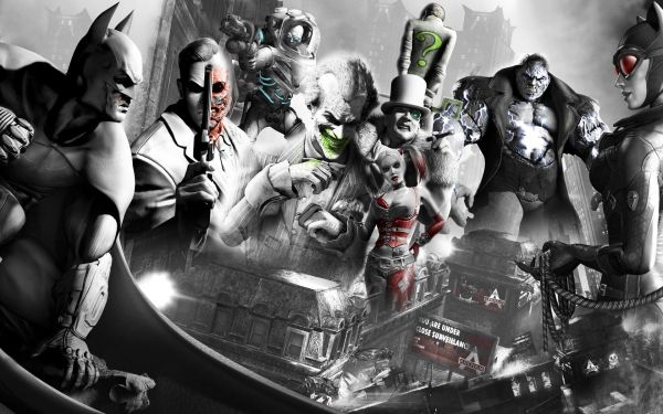 Batman Arkham City,characters,pistol,faces,members,smile