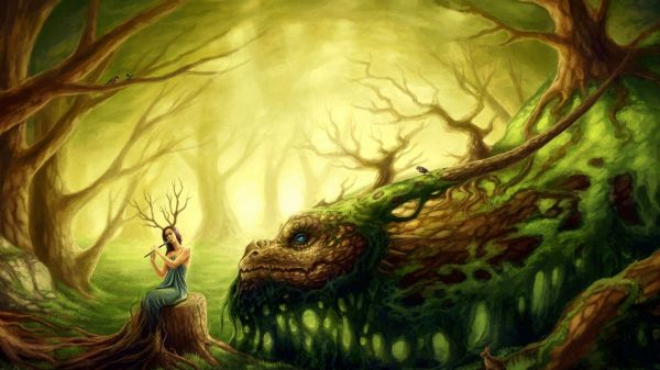 illustrasjon, fantasy art, drage, jungel, mytologi, skog