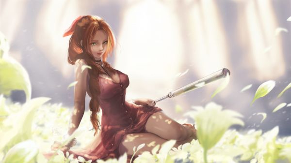 Aerith Gainsborough,par lung,brunetă,mitsu,flori,țâțe mari