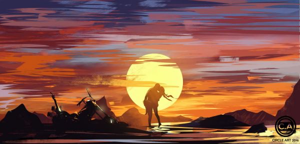 painting,illustration,sunset,artwork,silhouette,sunrise