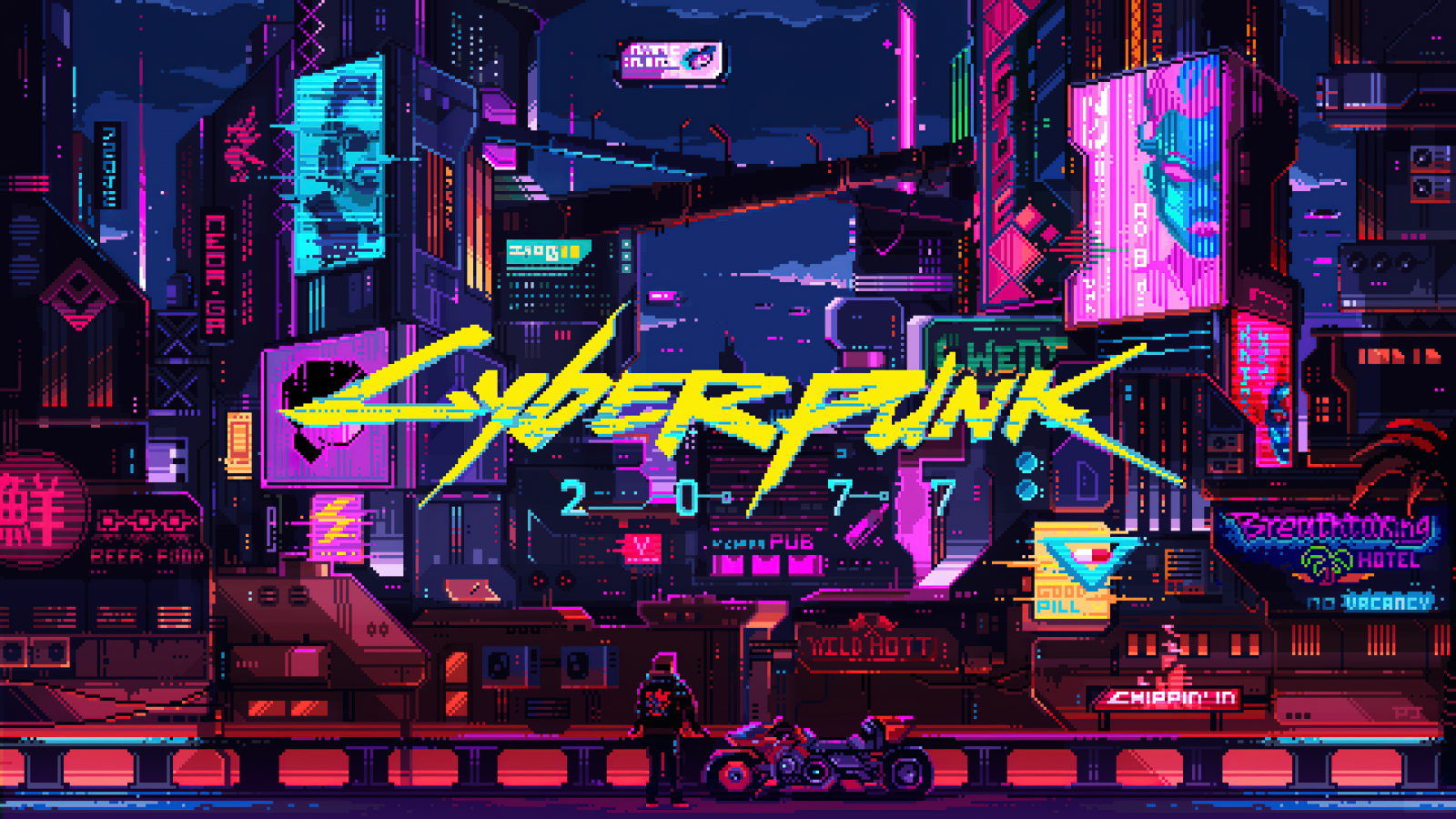 Cyberpunk 2077, stad, stadsgezicht, pixel art, artwork, illustratie, digitale kunst, wolkenkrabber, futuristische, motorfiets, nacht, 4k