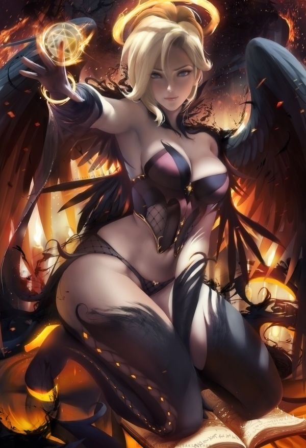 Overwatch,Mercy Overwatch,Halloween,Sakimichan,blondă,lenjerie