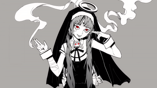 simple background,PinnochioP,Hatsune Miku,cigarettes,nun outfit,nimbus