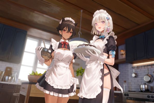 anime girls,maid,cat girl,dark skin,white hair,Low Angle