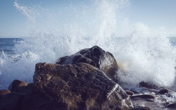 solljus, landskap, hav, vatten, sten, strand