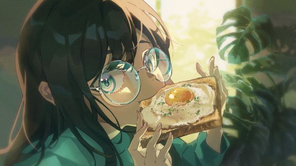 wanita dengan kacamata,anime,gadis anime,roti panggang