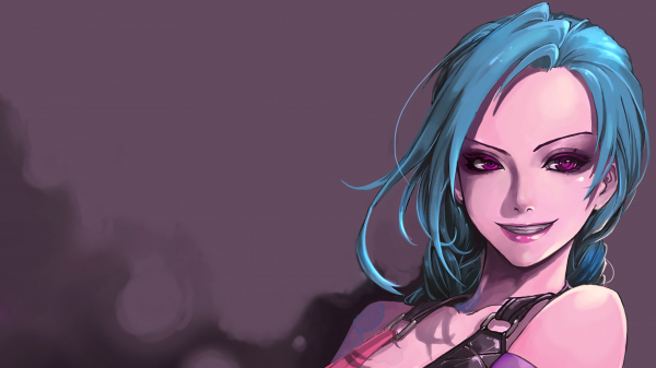 Jinx League of Legends,Liga de Leyendas,dientes,sonriente,Fondo simple,Ojos morados