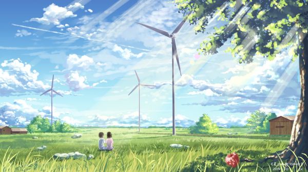 anime,sunlight,landscape,grass,sky,field