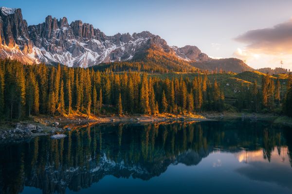 風景,自然,森林,山々,雪,湖