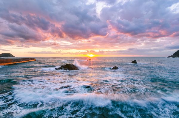 Japan,landscape,sunset,sea,water,rock