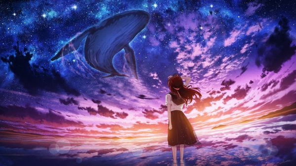 anime lányok,hátsó nézet,flying whales,starred sky,standing in water,víz