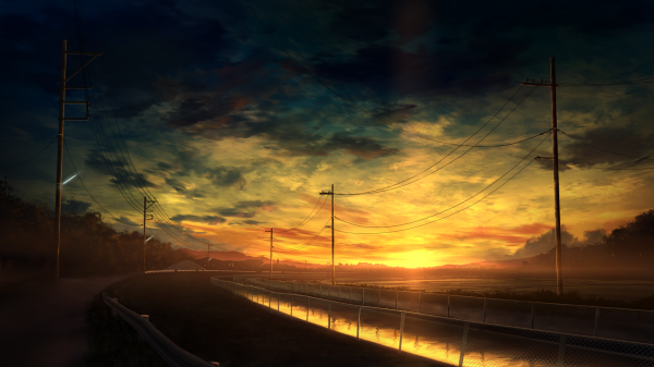 Anime,Straße,Landschaft,Sonne,Sonnenuntergang,Wasser