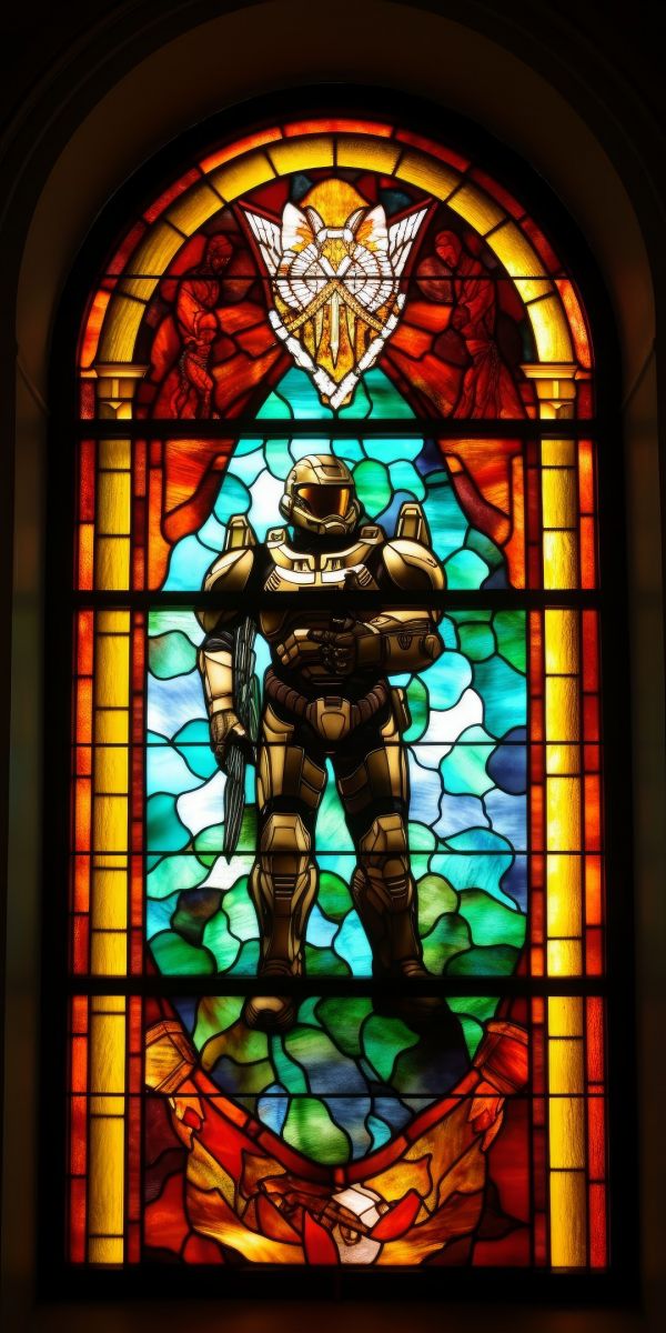 Halo,ai art,vertical,portrait display,Master Chief Halo,church