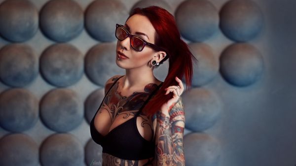 women,tattoo,Valentine Ryabov,sunglasses,portrait,black bras