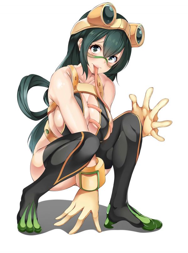 Boku no Hero Academia, Filles anime, clivage, fond blanc, Tsuyu Asui, tongue out