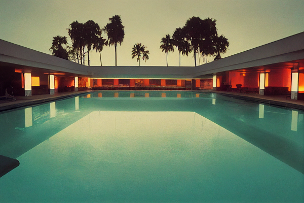 piscine,ai art,motel,palmiers,Années 1970,le coucher du soleil