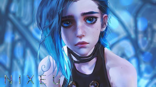 dessin,femmes,League of Legends,Jinx League of Legends,Nixeu,Cheveux bleus