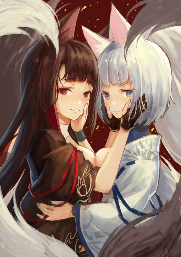 аниме момичета, Бяла коса, Akagi Azur Lane, Kaga Azur Lane, Дами, брюнетка