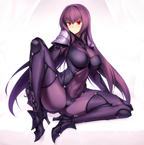 Scathach Fate Grand Order,Ödet Grand Order,animeflickor,röda ögon,vit bakgrund,långt hår