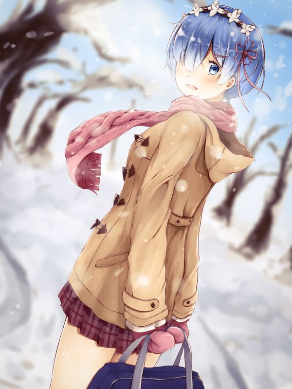 anime, anime girls, blue hair, blue eyes, short hair, snow