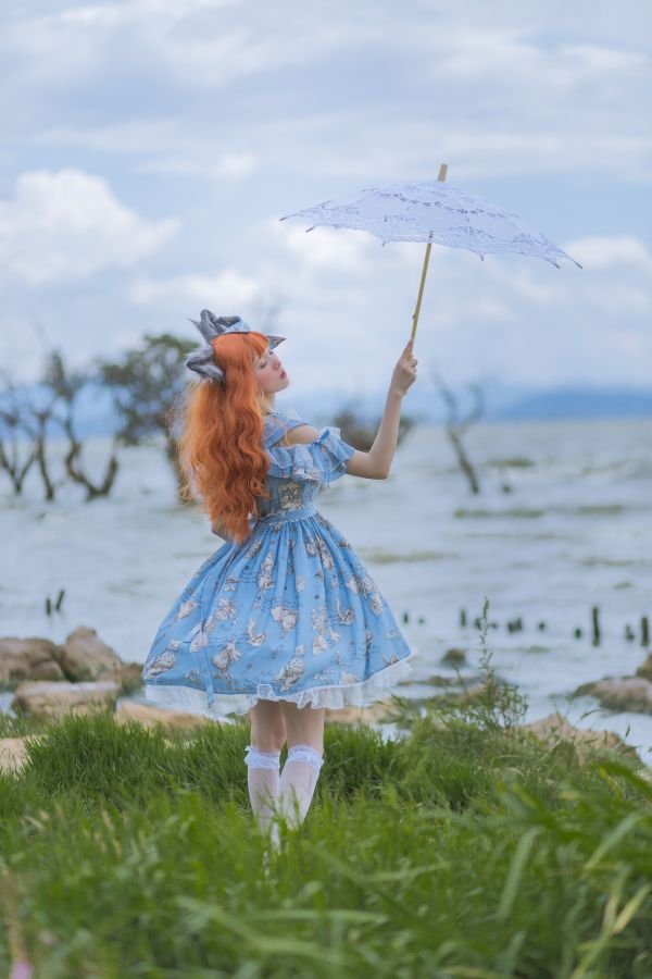 yunxixi,Fotografie,Rothaarige,blaues Kleid,knee high socks,Sonnenschirm