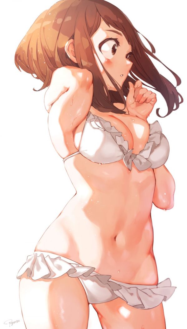 Boku no Hero Academia, Filles anime, bikini, clivage, Uraraka Ochako, fond blanc