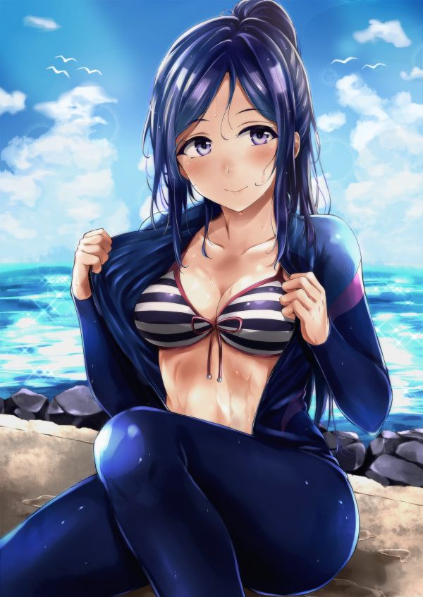 Anime,Filles anime,bleu,cheveux noirs,clivage,humide