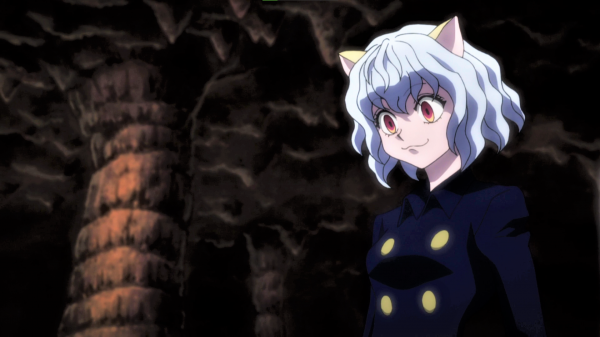 Neferpitou,Hunter x Hunter,wit haar,kattenoren,roze ogen,glimlachen