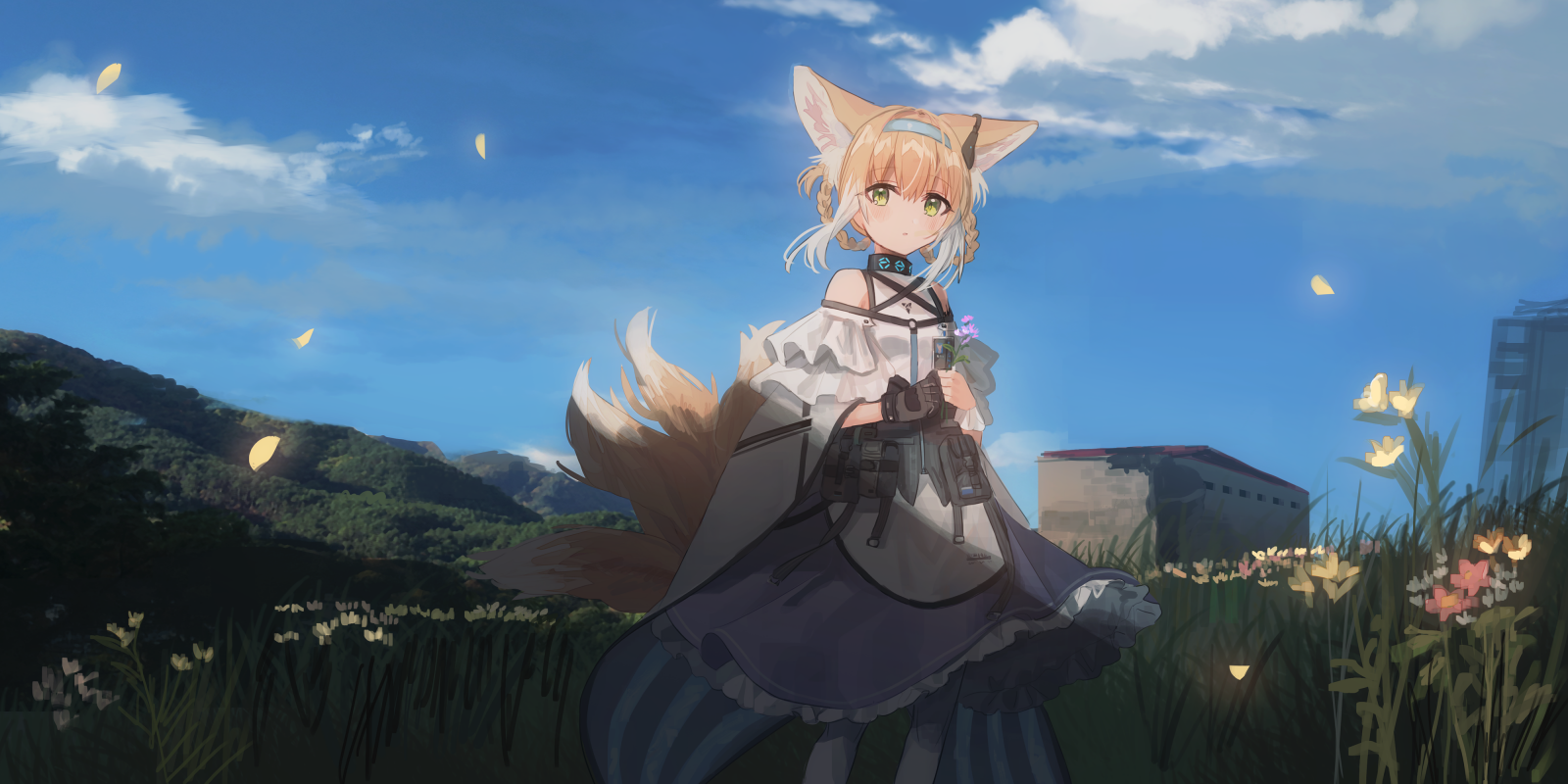 anime, Anime piger, Fox ears, grønne øjne, gul hår, ræv pige, ræv hale, Flowers Field, bjerge, Arknights, Dyreører, Chihuri 45