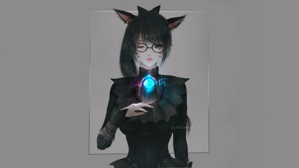 Aoi Ogata, artwork, women, black clothing, digital art, cat girl