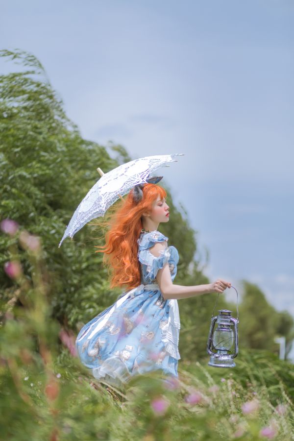 yunxixi,Fotografie,Rothaarige,blaues Kleid,knee high socks,Sonnenschirm