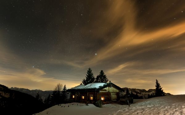 luz de sol, noche, cielo, nieve, invierno, estrellas