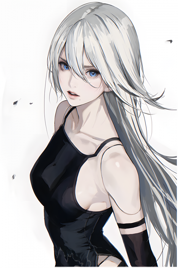 long hair,looking at viewer,simple background,D K,dkground,Nier Automata