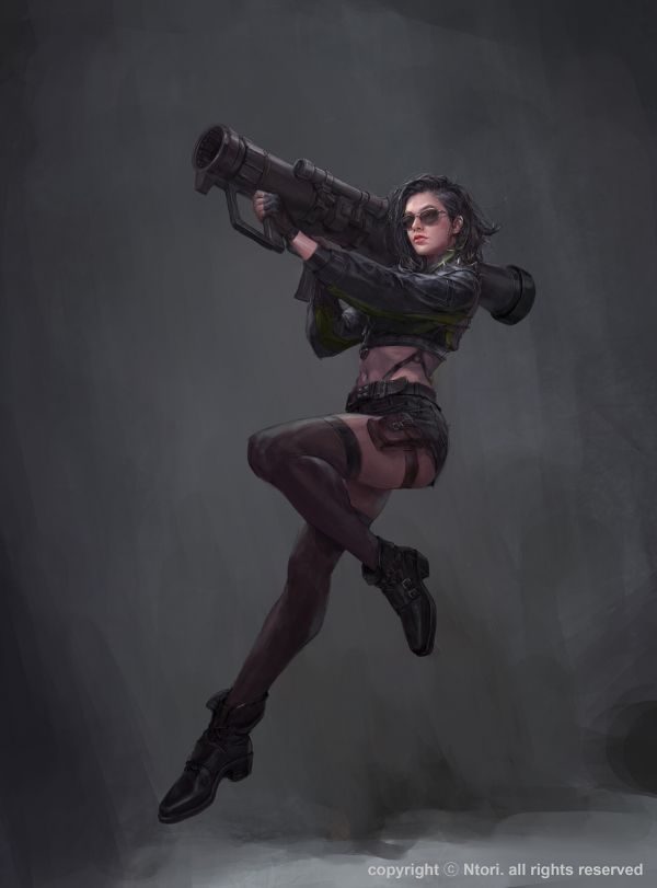 women,sunglasses,Kim Ssang,drawing,rocket launchers,jumping