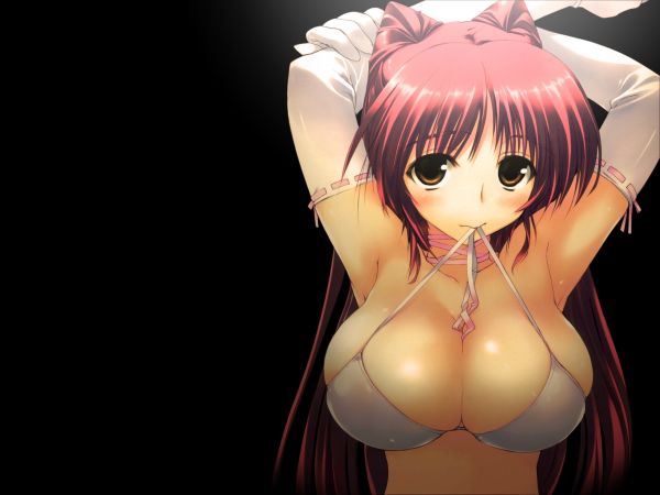 roux, Anime, Filles anime, Fond simple, Gros seins, bras en l'air